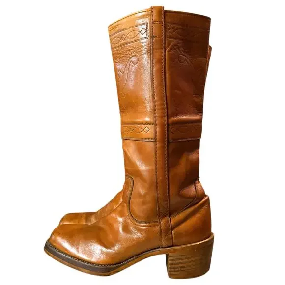 Vintage 70s Frye Campus Boots Womens Orange Leather Stitched High Shaft Sz 11D - Picture 3 of 12